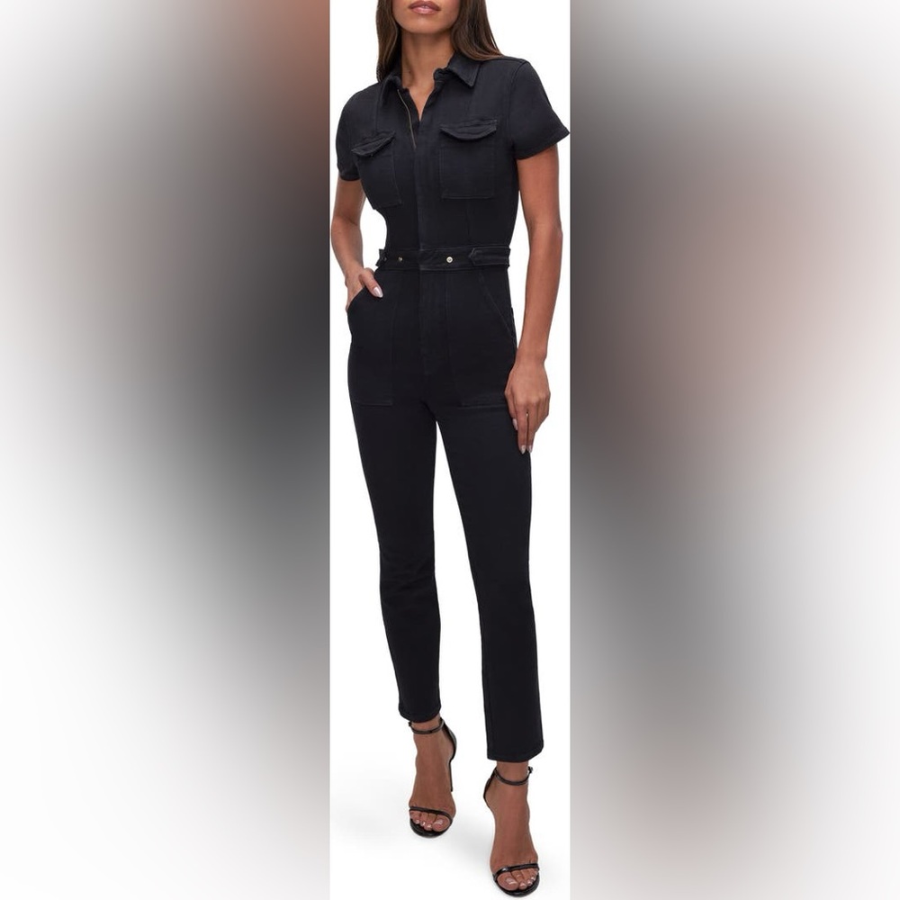 Good American Black Short Sleeve Utility Jumpsuit